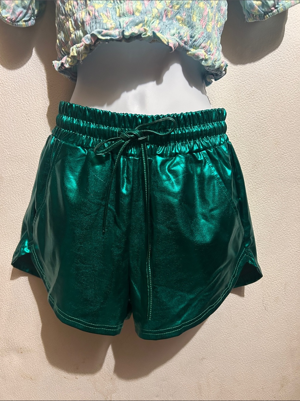 Metallic Emerald Athletic Drawstring Shorts